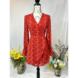 One Way Wrap Around Paisley Mini Dress Long Sleeves Red/Orange 12